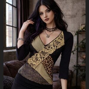 Ann Ferriday Y2K Lace Black Leopard Patchwork Top Whimsigoth Fairygoth Witchy